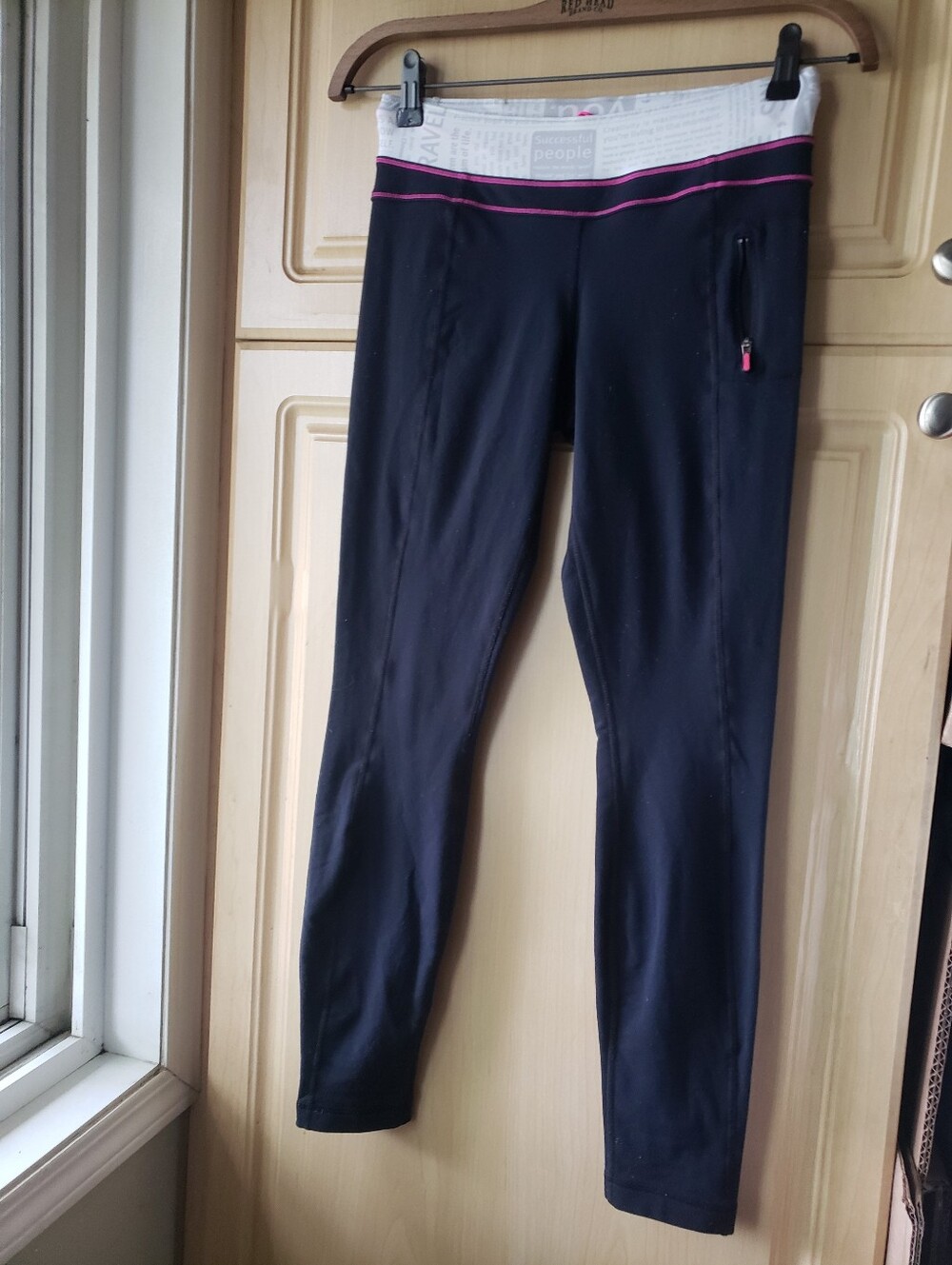 Lululemon Black Low Rise Leggings with Pink-Trim Waistband